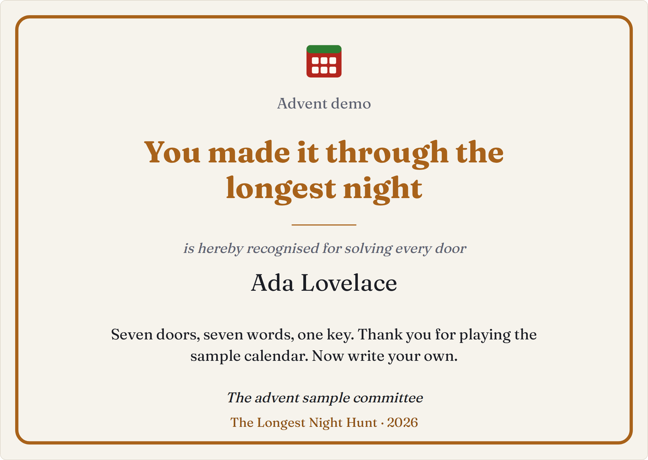 A certificate for Ada Lovelace with the title, subtitle, message and signature