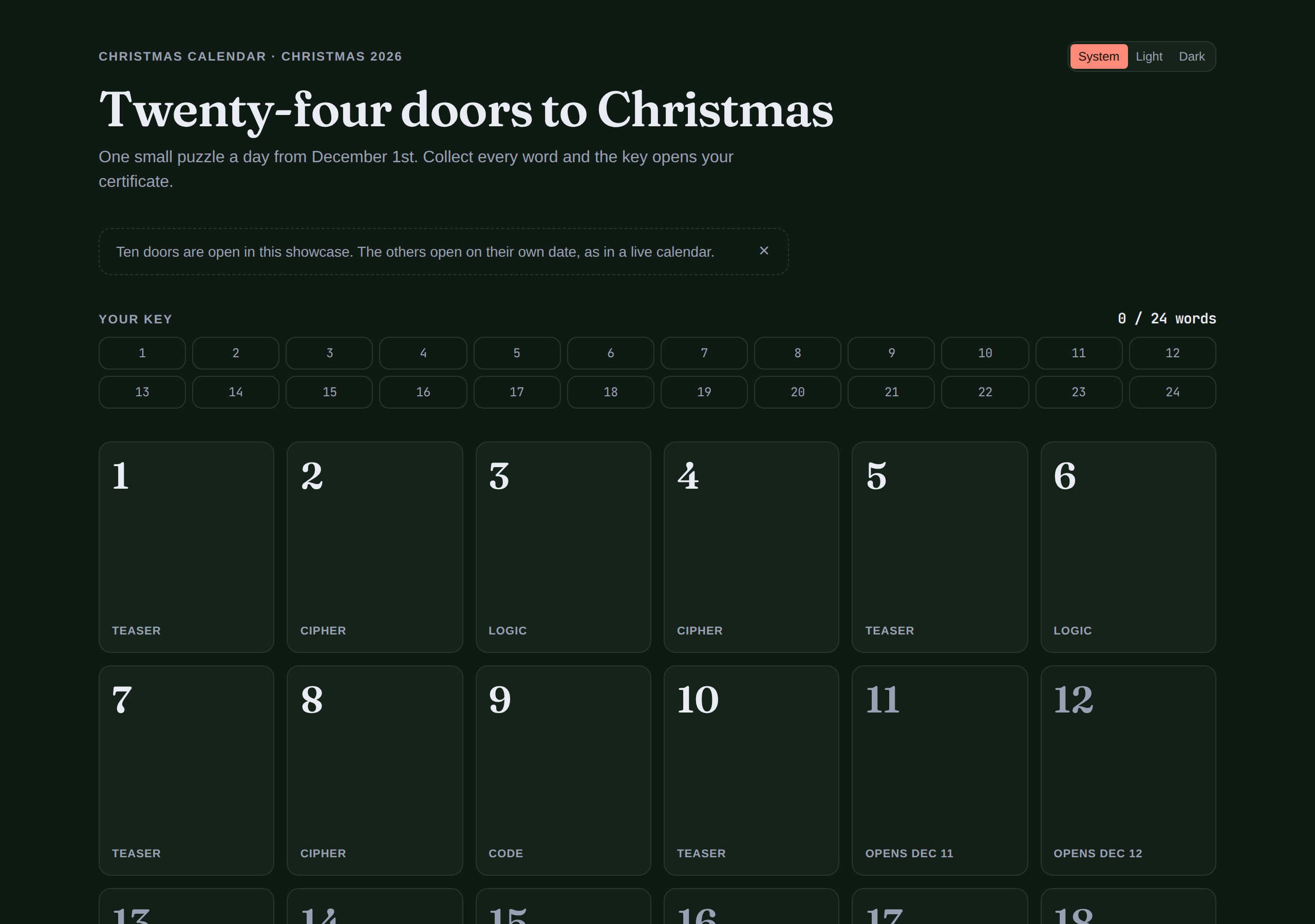 The Christmas calendar in dark mode, with 24 doors