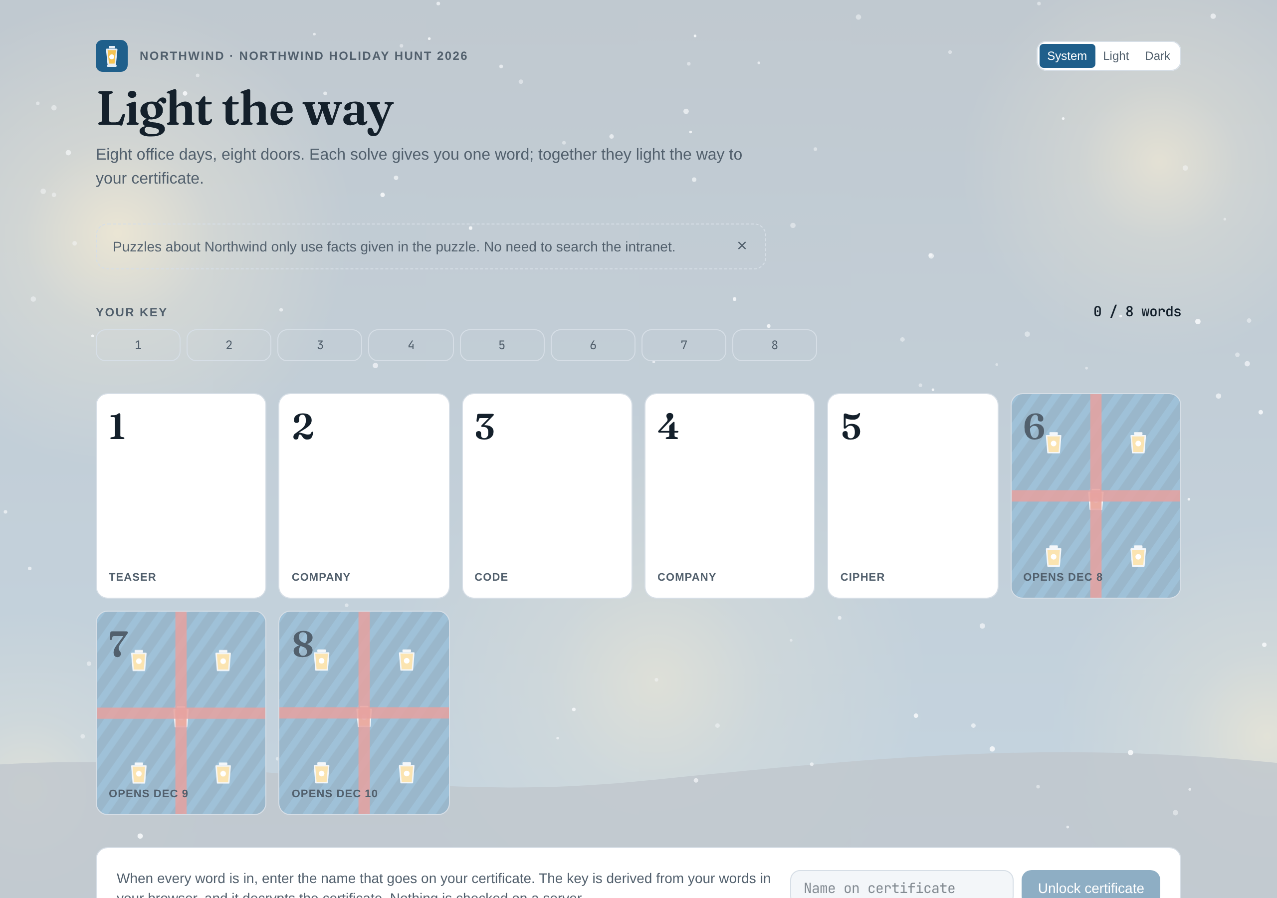 The Northwind calendar in light mode, with its blue palette and eight doors